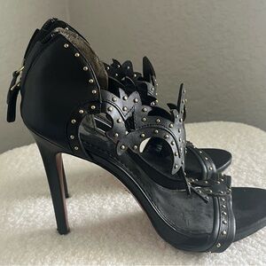 Pour La Victoire Black Leather Studded Scalloped High Heels